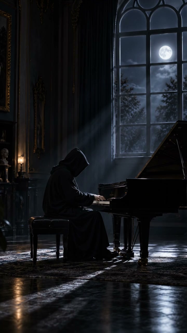 A hooded pianist playing a grand piano by moonlight